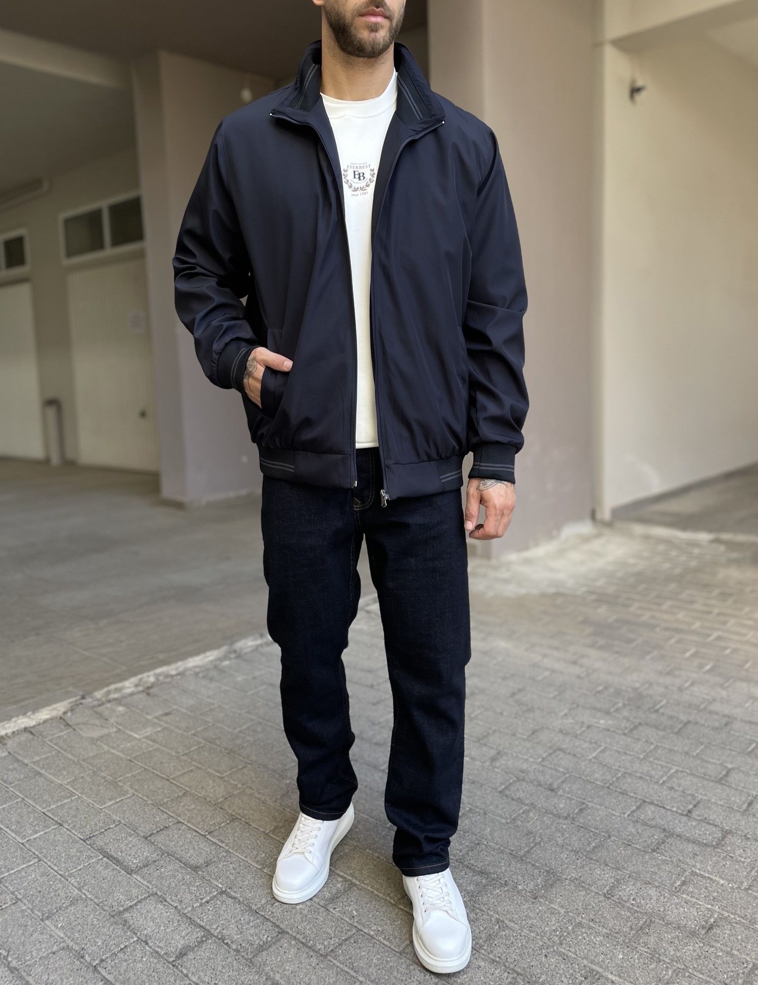 Ανδρικό μπλε μπουφάν με γιακά και λάστιχο Plus Size EP456B φωτογραφία